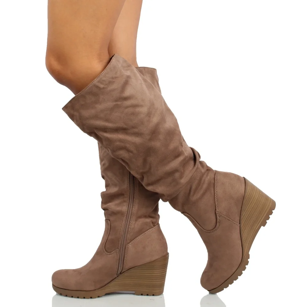 Taupe Faux Suede Slouchy Stacked Wedge Knee High - Picture 4 of 12